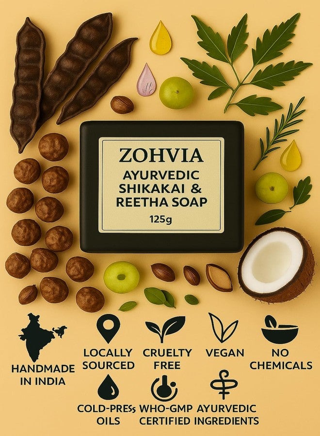 ZOHVIA صابون زوهفيا العشبي النقي بزيت الشيكاكاي والريثا، 4.4 أونصة، منظف هندي تقليدي مع الأملا والنيم، مستوحى من العناية بالبشرة الأيورفيدية، مصنوع يدويًا من زيوت جوز الهند والخروع والنخيل، مناسب للرجال والنساء والمراهقين. - Image 5